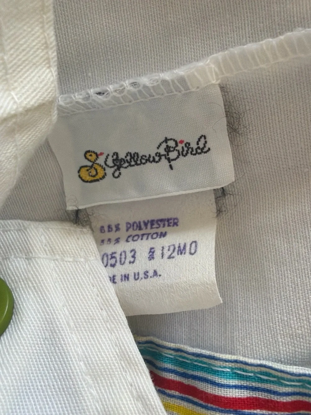 Vintage White Toddler Train Shortalls with Rainbow Trim